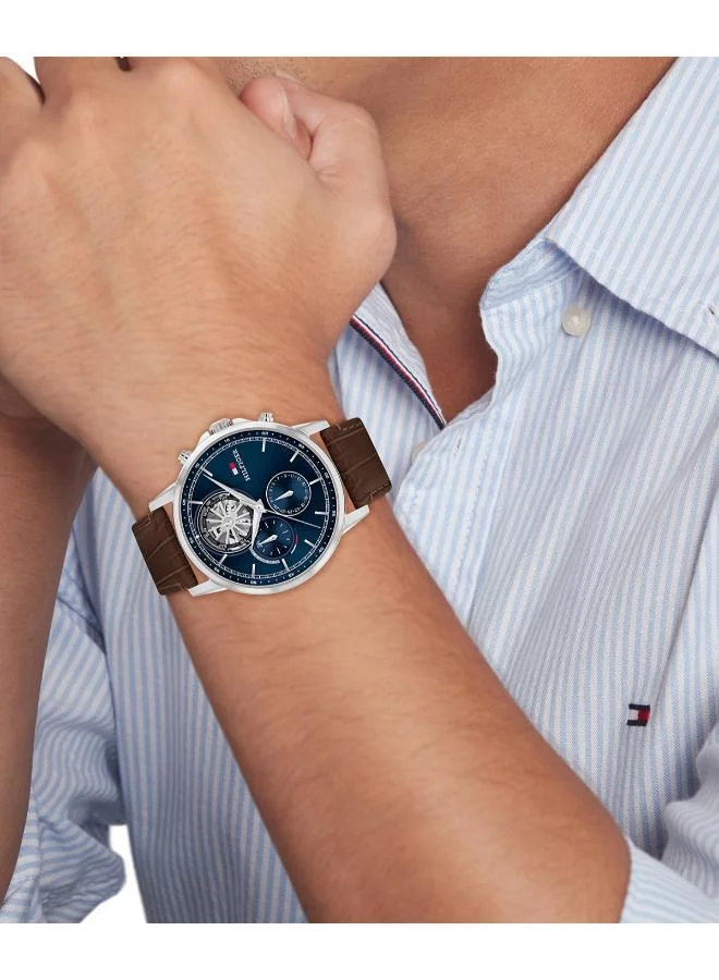TOMMY HILFIGER Mens Analog Multifunction Quartz Watch With Dark Brown Leather Strap - 1710629